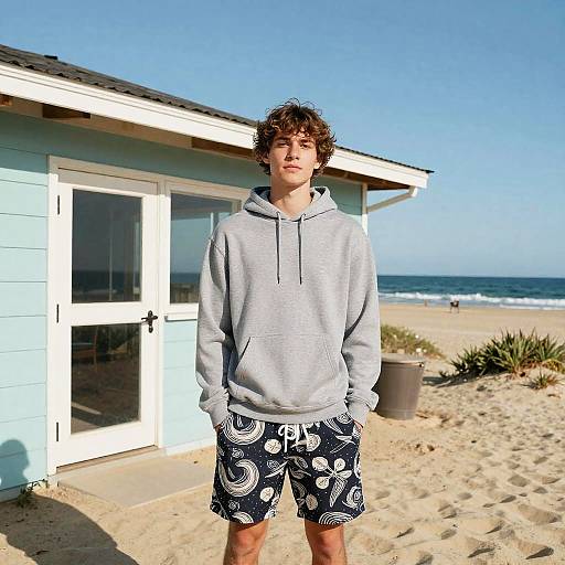 Young Man Wearing Grey Hoodie and Patterned Shorts on Beach Near Blue Hut