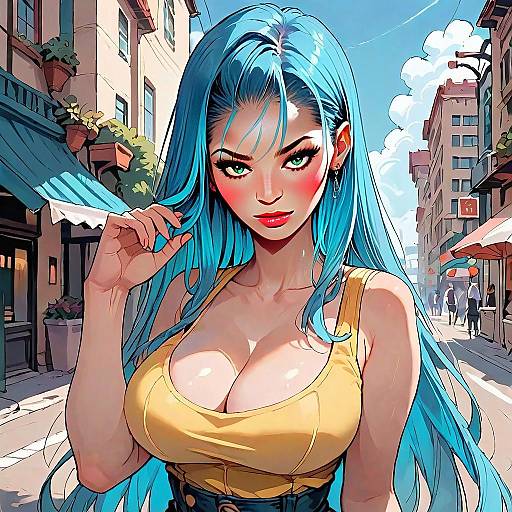Anime Style Confident Woman with Blue Hair in Urban Street Digital Illustration