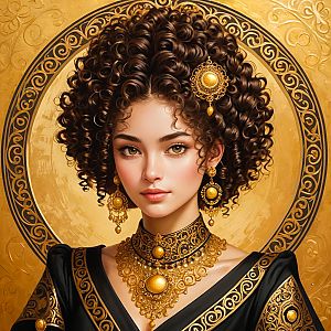Portrait of a Young Woman with Curly Hair and Gold Jewelry