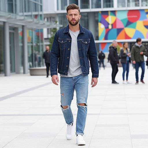 Stylish Man Walking in Urban Area Wearing Denim Jacket and Ripped Jeans