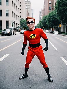 Superhero Man in Red and Black Costume in City