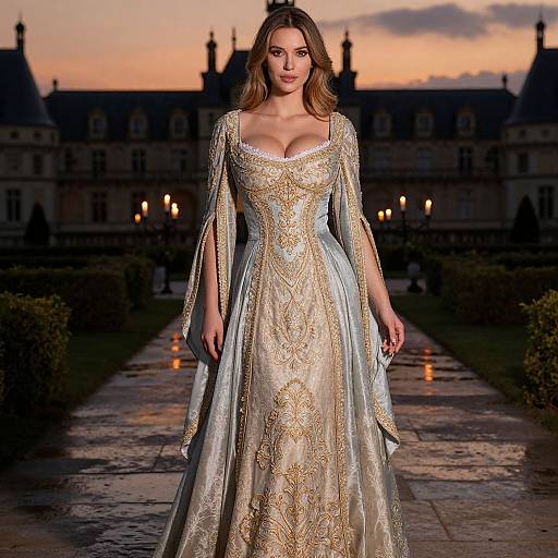 Elegant Woman in Embroidered Renaissance Gown at Castle Pathway