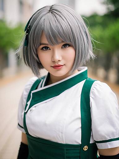 Realistic Cosplay Portrait of Woman with Silver Hair in Green and White Uniform