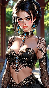 Fantasy Fashion Woman with Black and Gold Embroidery