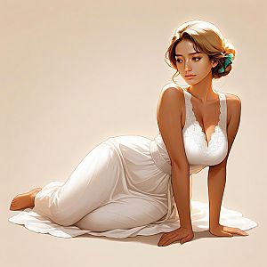 Elegant Woman in White Dress on Beige Background