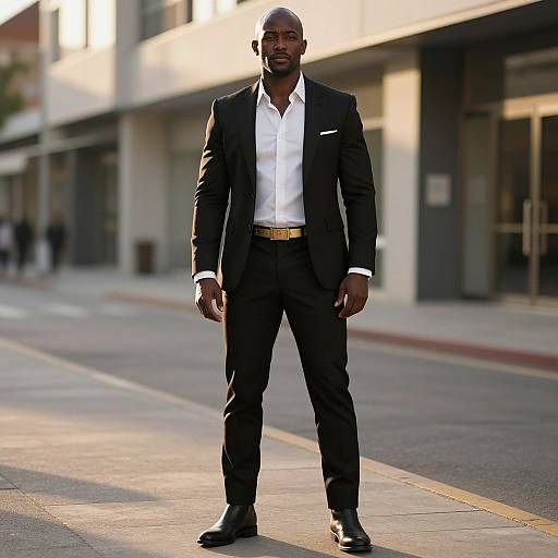 Confident Man in Black Suit on City Street