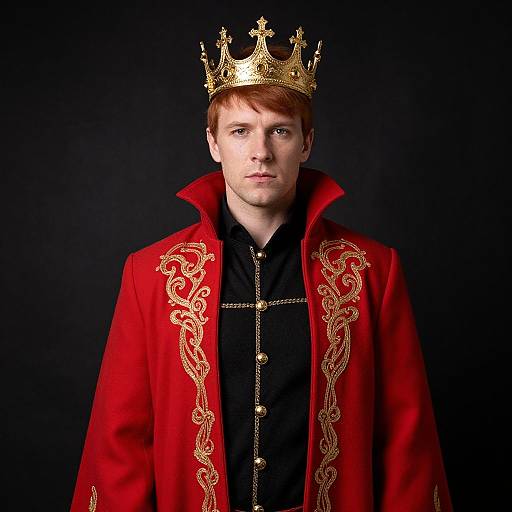 Regal Man in Ornate Red Coat and Gold Crown