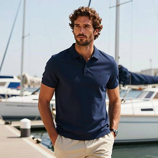 Stylish Man in Navy Polo Shirt at Marina Dock