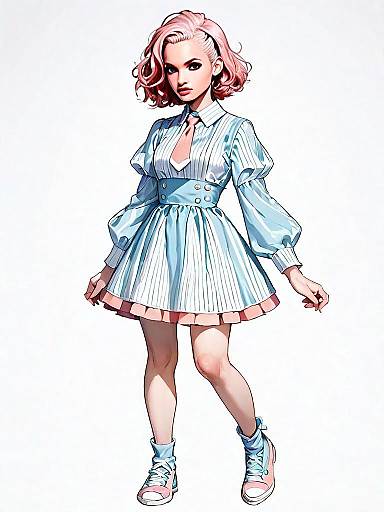 Stylized Comic-Style Full Body Illustration of Woman with Pink Hair in Pastel Dress