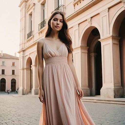 Elegant Young Woman in Pale Pink Dress by Historic European Architecture
