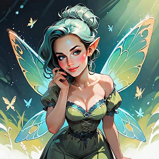Fantasy Fairy Woman with Translucent Wings in Green Dress Digital Art