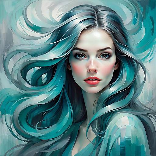 Digital Portrait of Woman with Flowing Turquoise Hair