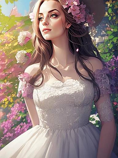Romantic Digital Portrait of Woman in White Lace Dress with Flowers