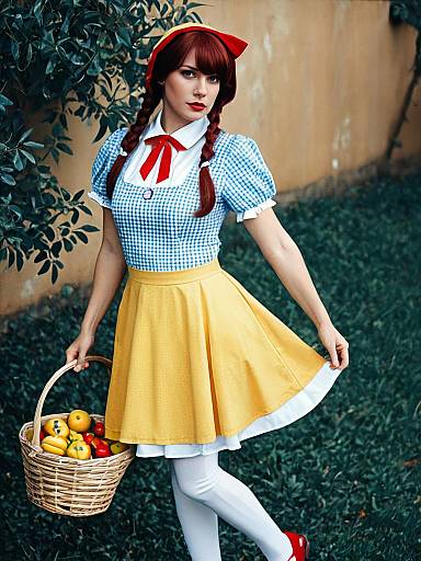 Sexy Dorothy Catalonia Cosplay Woman in Vibrant Yellow Skirt and Basket