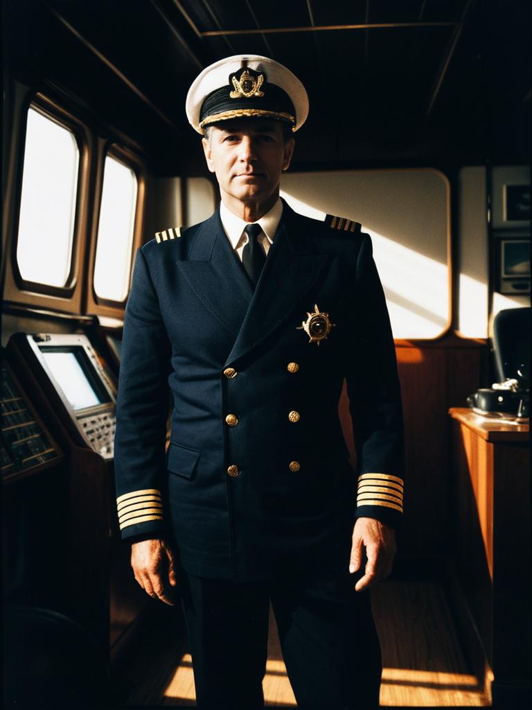 Photorealistic Portrait of Man in Ship Captain Outfit in Control Room