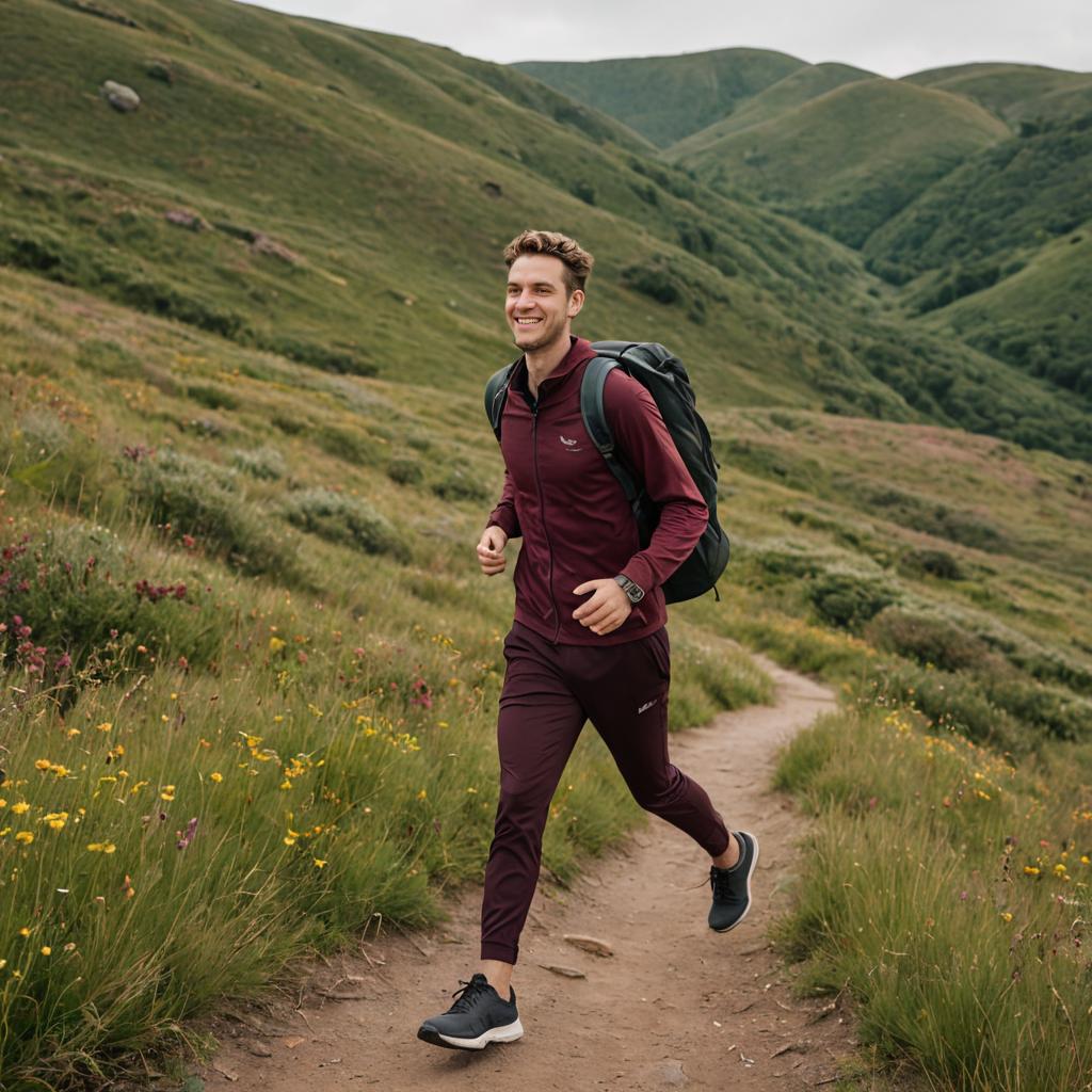 Energetic Man Running on Scenic Mountain Trail