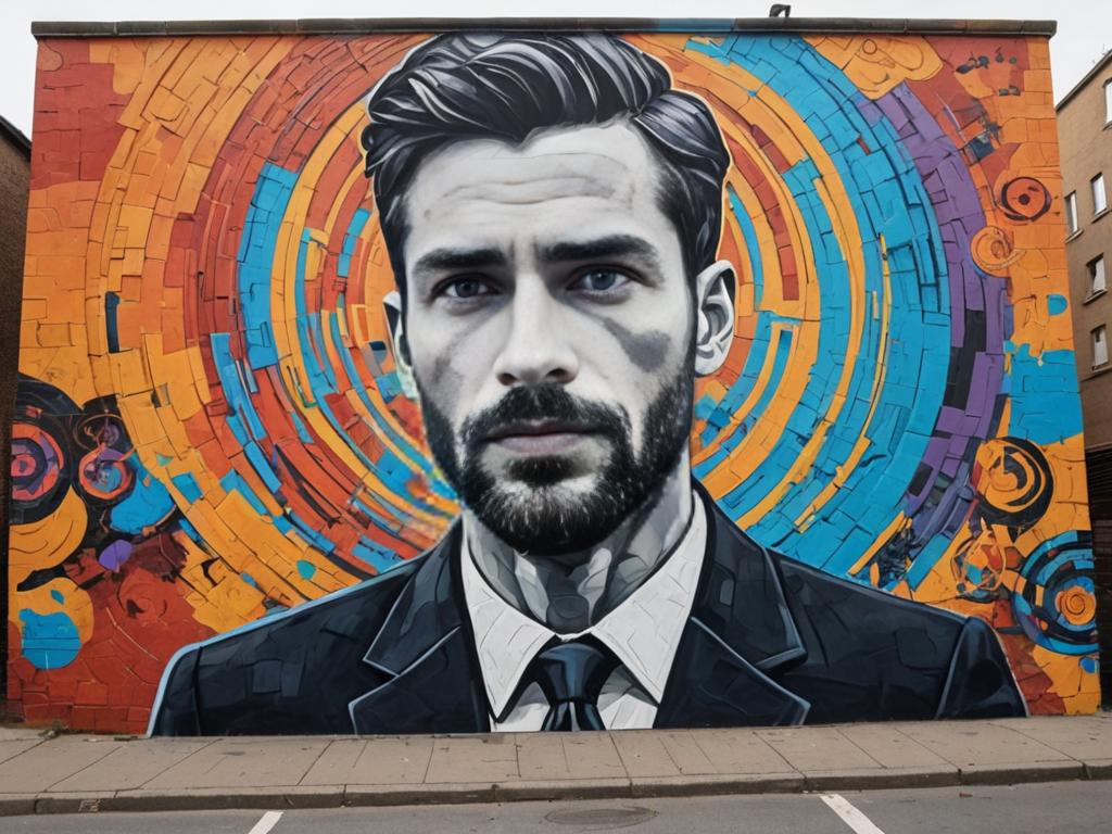 Photorealistic Portrait Mural with Colorful Geometric Background