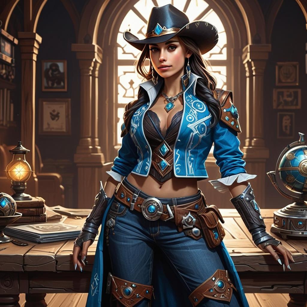 Steampunk Woman in Blue Outfit with Cowboy Hat in Antique Study Room