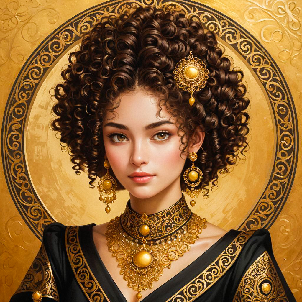 Portrait of a Young Woman with Curly Hair and Gold Jewelry Portrait of a Young Woman with Curly Hair and Gold Jewelry