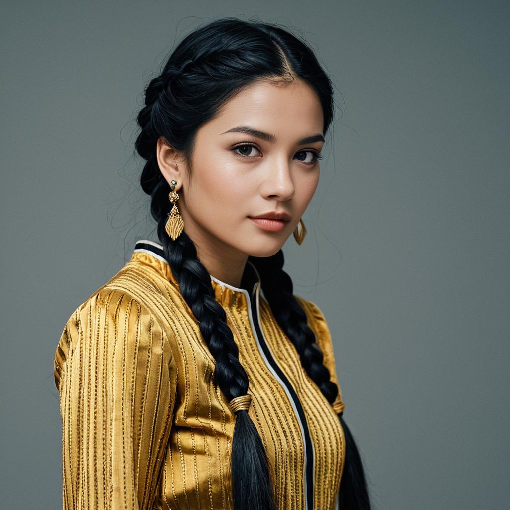Portrait of Woman in Gold Costume with Braided Hair