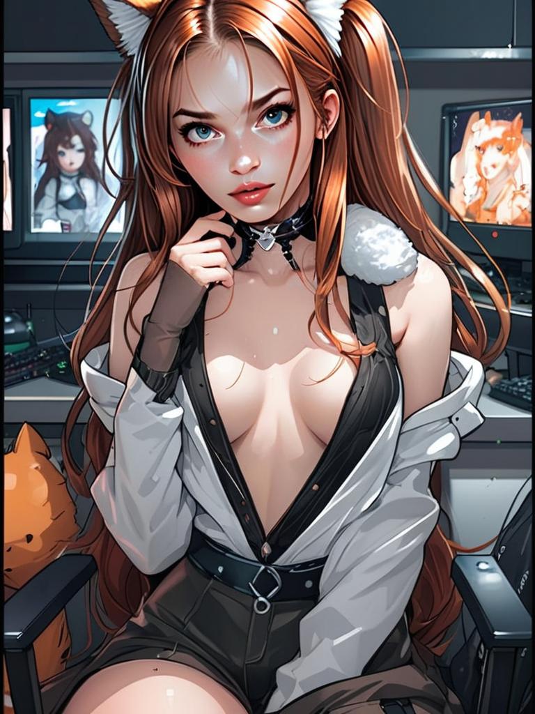 Anime Style Cyber Girl with Cat Ears in Digital Artwork