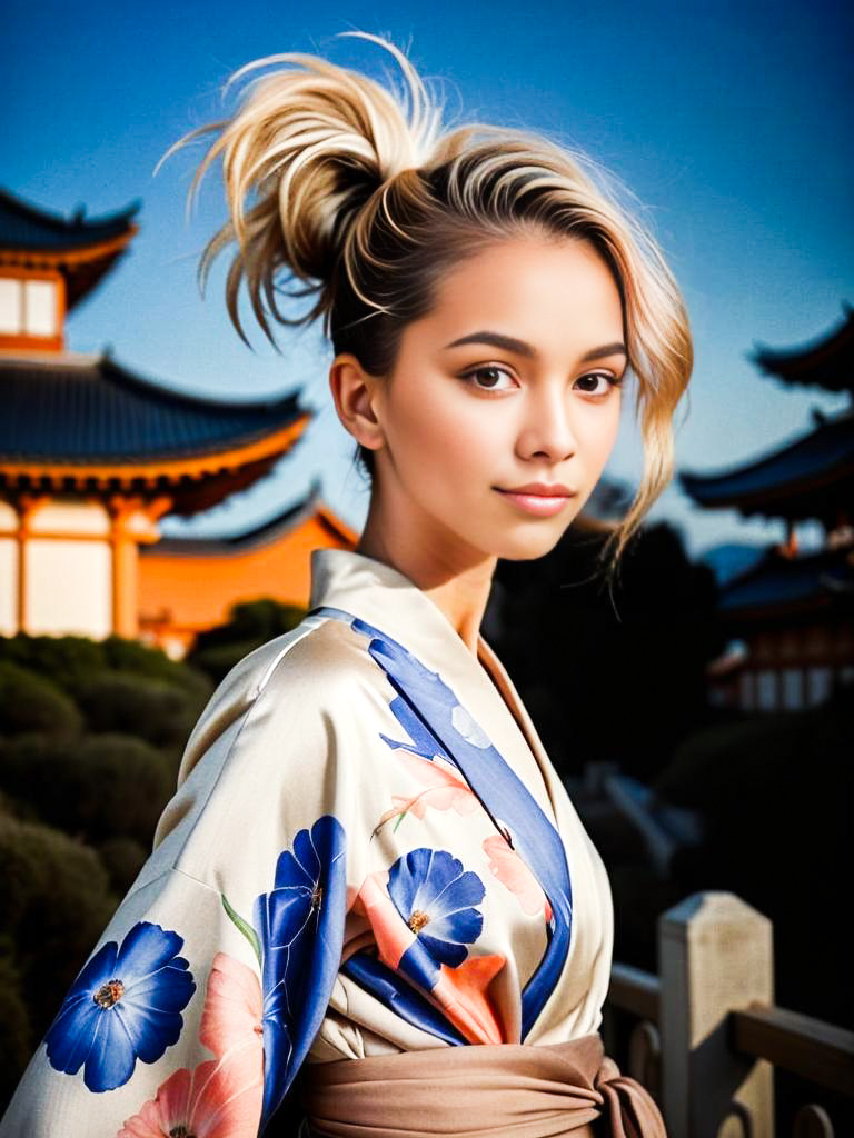 Young Woman in Elegant Kimono with Floral Patterns