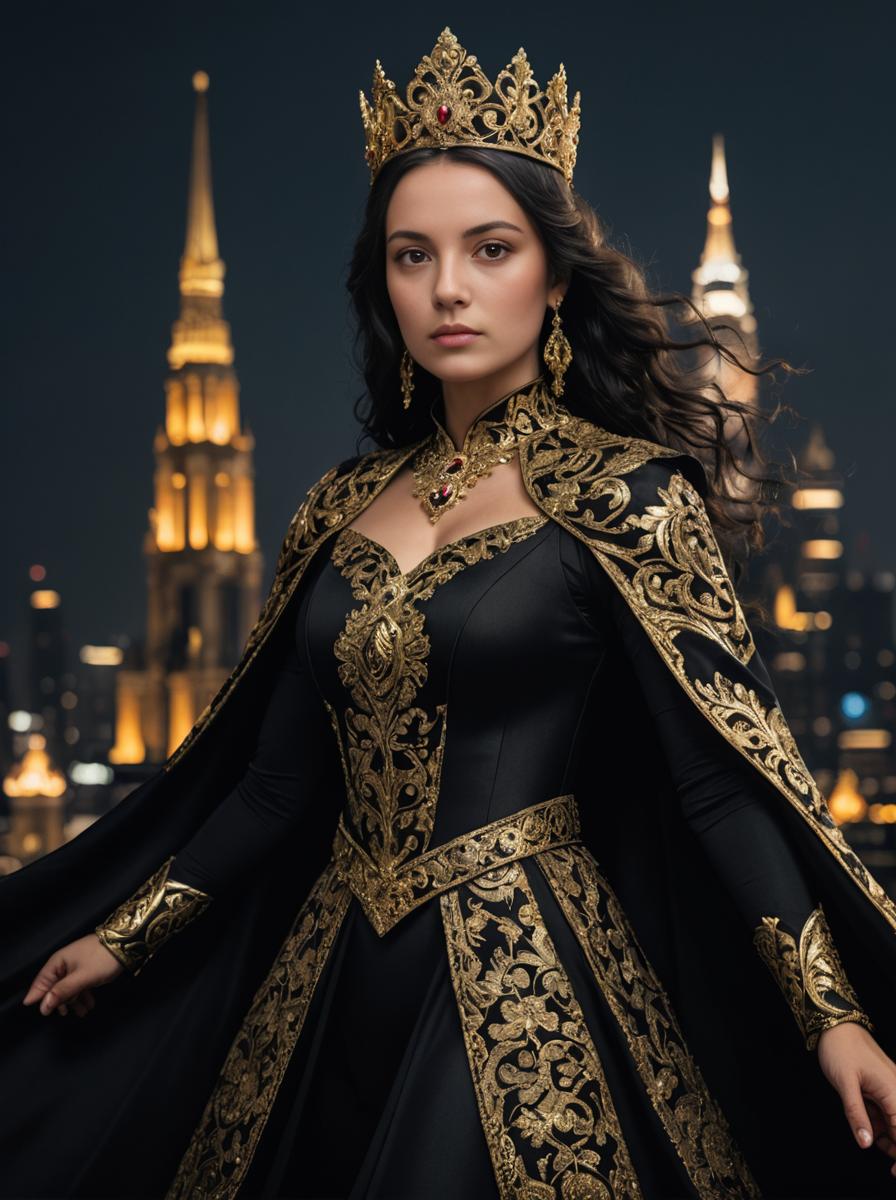 Regal Woman in Black and Gold Gown Against City Skyline