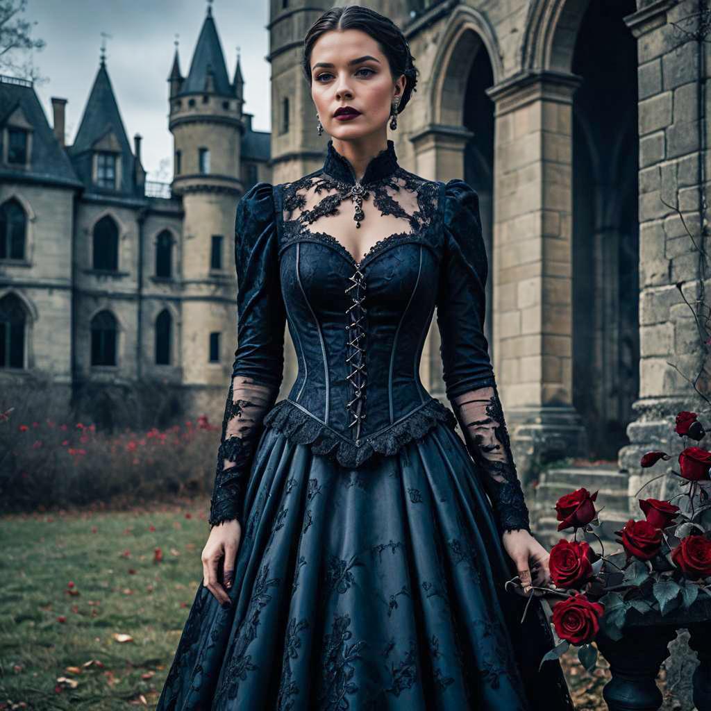 Victorian Gothic Woman in Black Dress by Historic Castle with Red Roses
