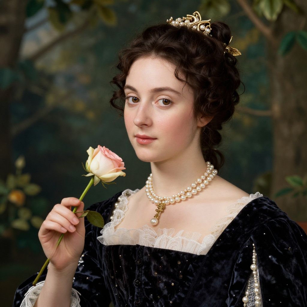 Elegant Woman in Velvet Gown Holding Rose Renaissance Style Portrait