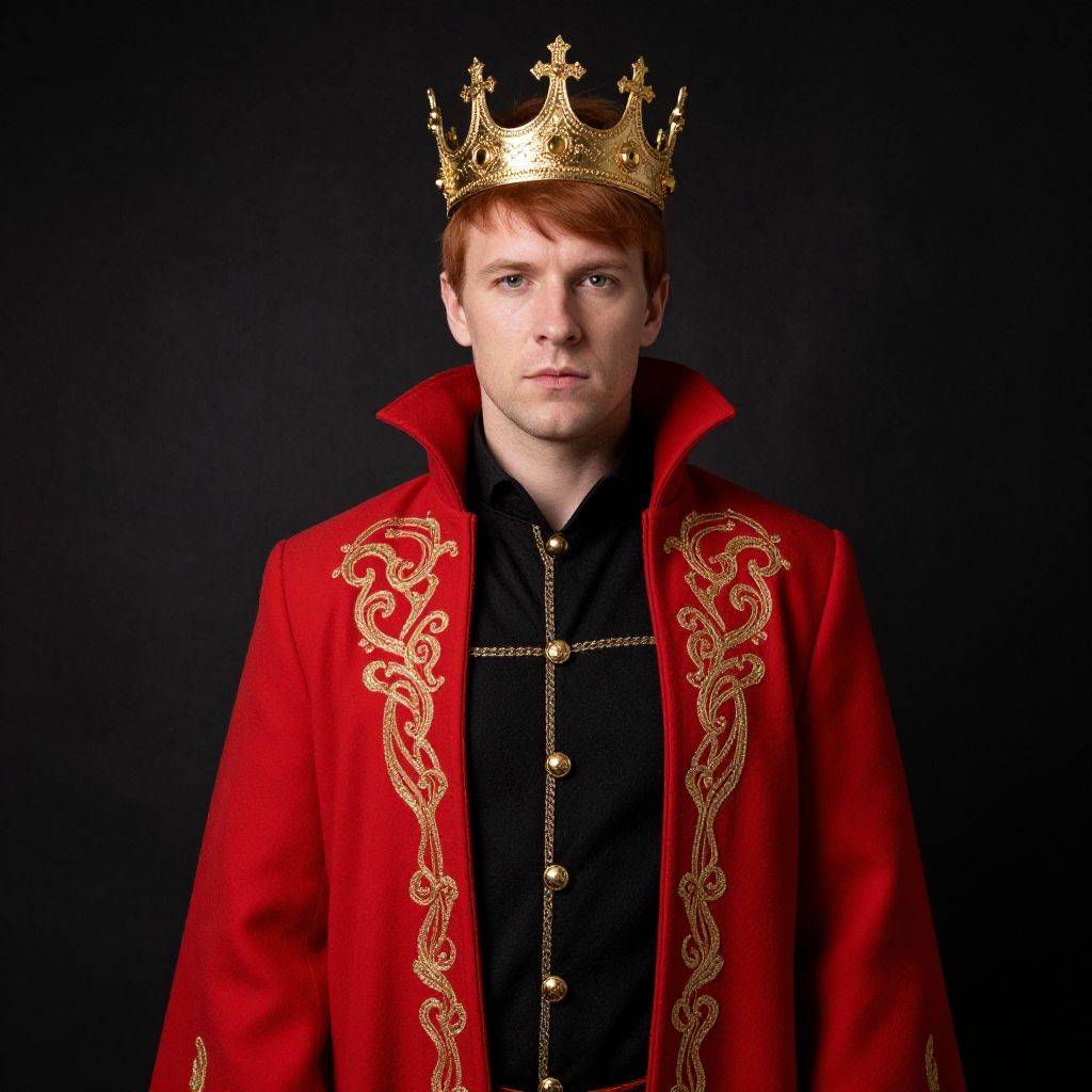 Regal Man in Ornate Red Coat and Gold Crown