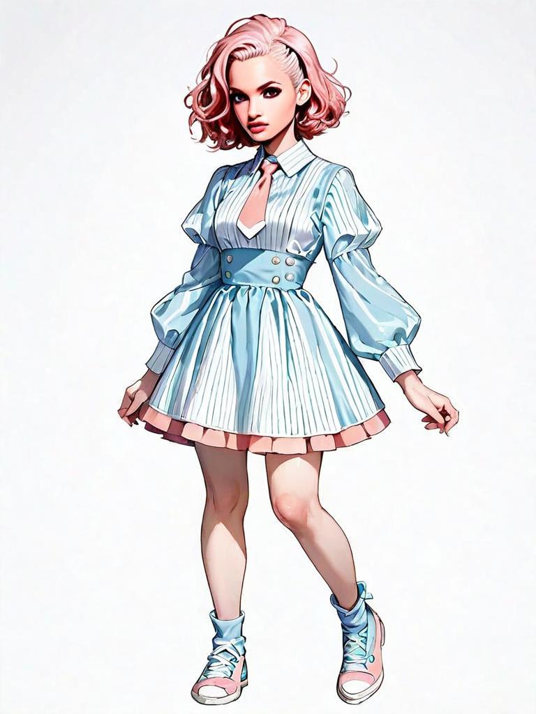 Stylized Comic-Style Full Body Illustration of Woman with Pink Hair in Pastel Dress