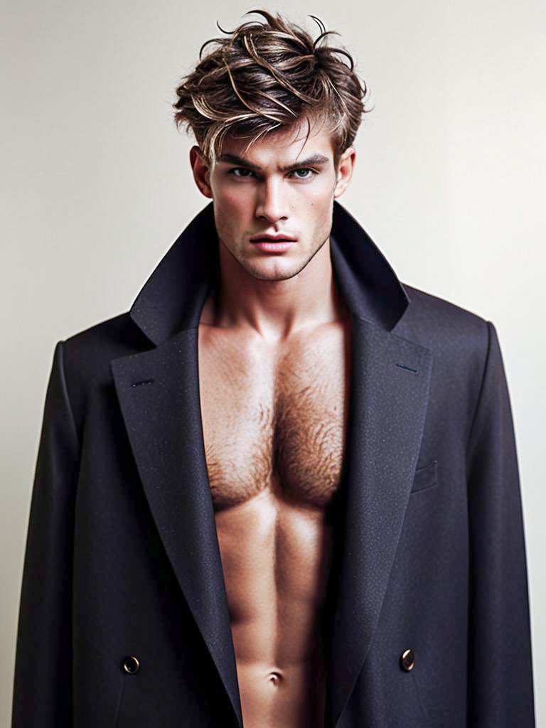 Confident Shirtless Man in Tailored Coat