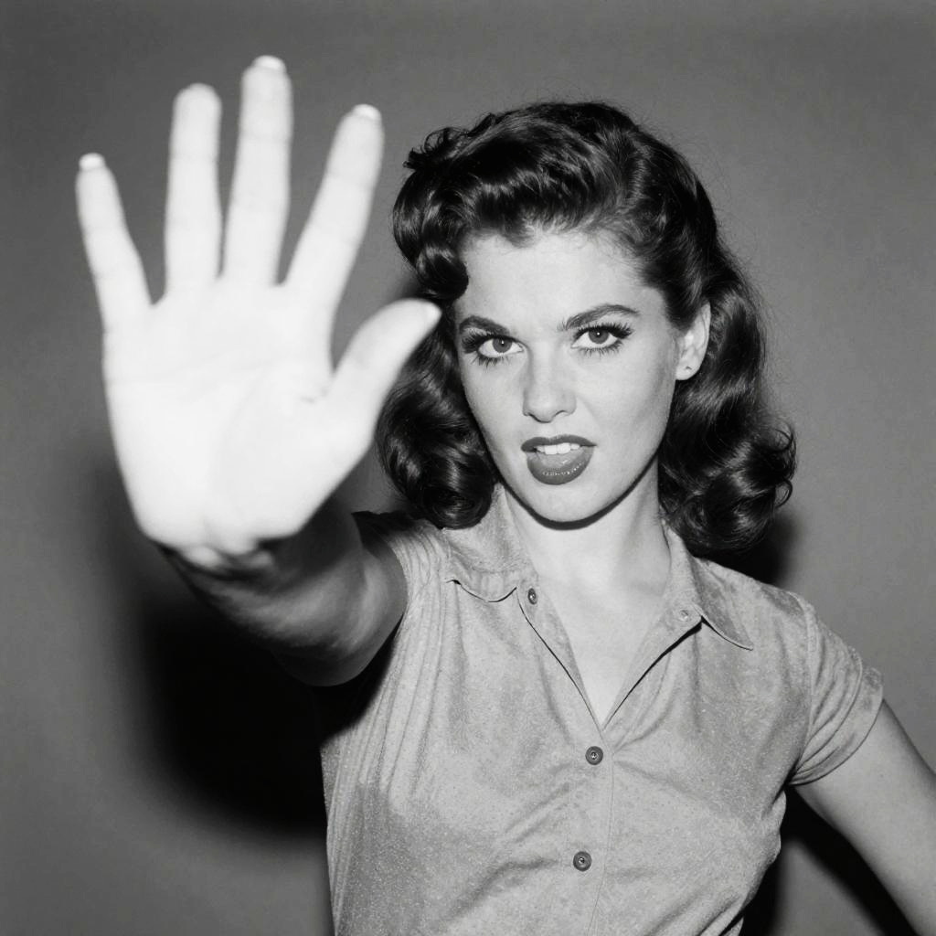 Vintage Black and White Portrait of Woman Gesture Stop
