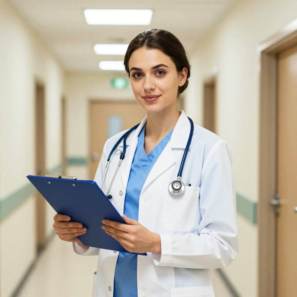 Young Female Doctor in Hospital Corridor with Clipboard