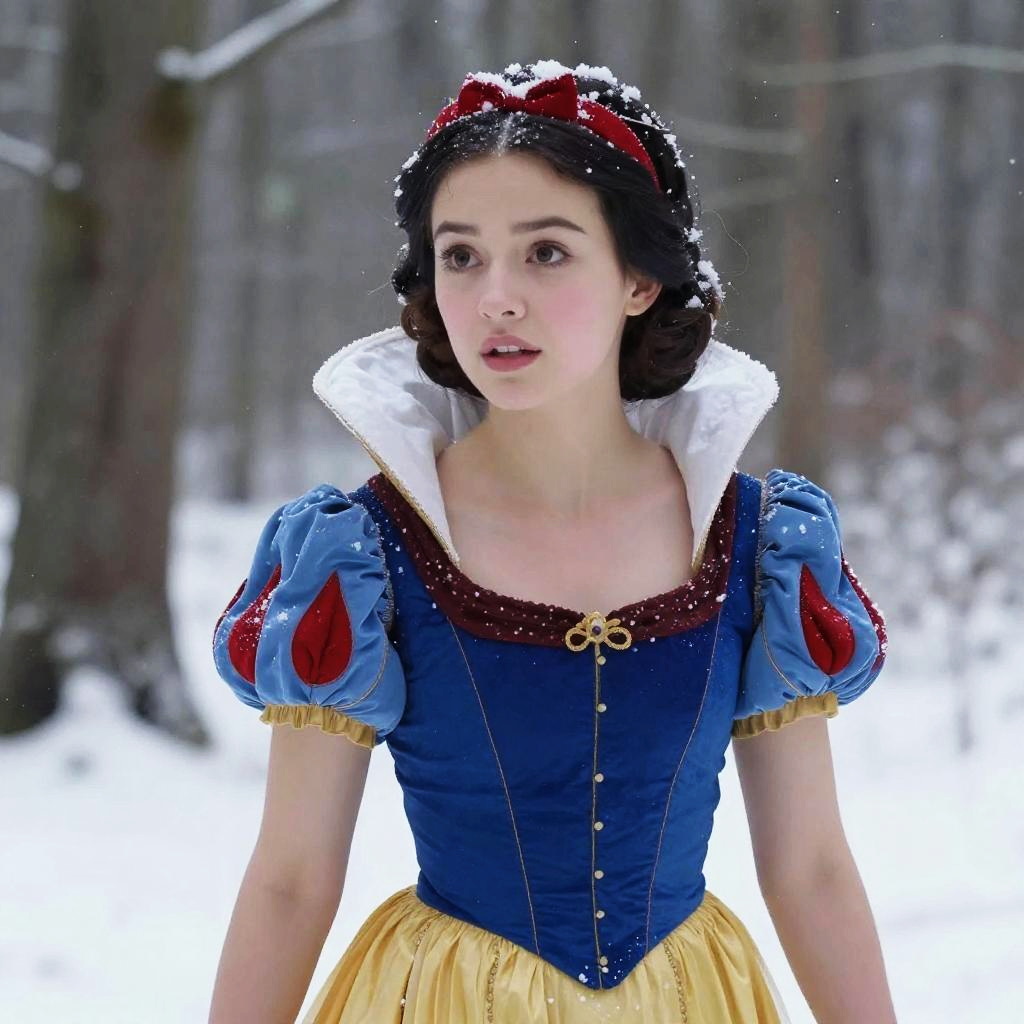 Young Woman in Snow White Costume in Snowy Forest
