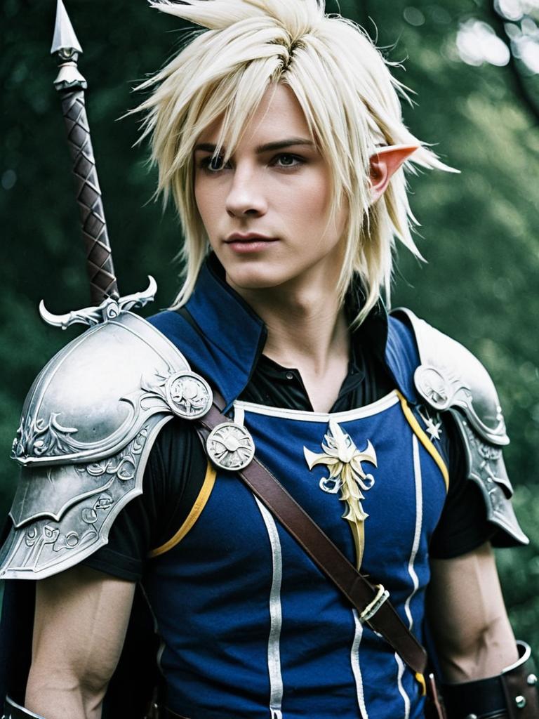Male Final Fantasy Cosplay with Blonde Hair and Detailed Silver Armor