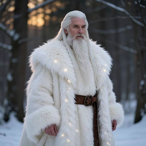 Majestic Man in White Fur Coat with Glowing Lights in Snowy Forest