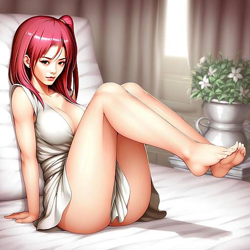 Anime Style Pink-Haired Woman in White Dress Sitting on Bed