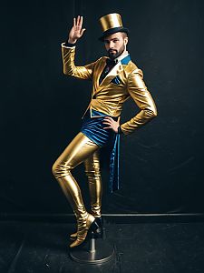 Man in One-Legged Gold and Blue Costume at Cosplay Festival Portrait