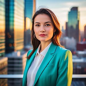 Confident woman in teal blazer against modern cityscape at sunset