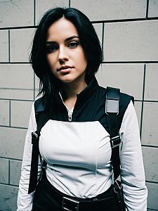 Realistic Alyx Vance Cosplay Costume by Woman in Urban Setting