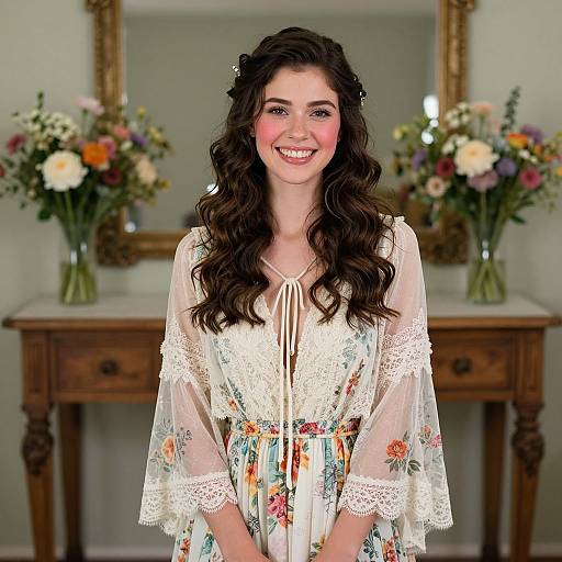Young Woman in Floral Lace Dress Smiling in Vintage Floral Setting