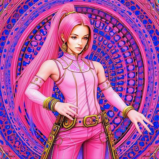 Anime Woman with Long Pink Hair in Futuristic Pink Outfit Against Ornate Background