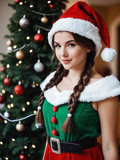 Young Woman in Holiday Elf Costume with Santa Hat by Christmas Tree
