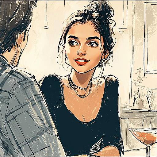 Digital Illustration of Woman Conversing at Café in Sketch Style