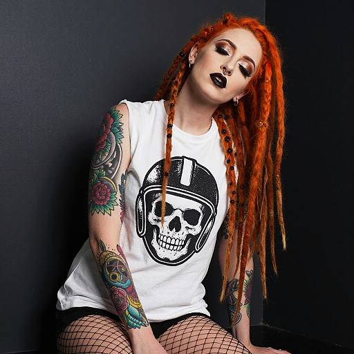Edgy Woman with Orange Dreadlocks and Skull Graphic Shirt in Punk Style
