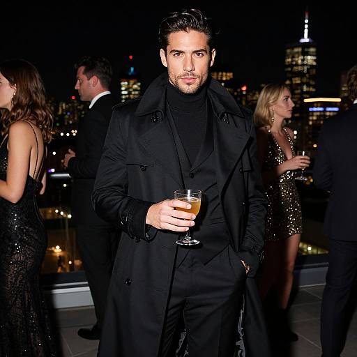 Stylish Man at Nighttime Rooftop Party with City Skyline