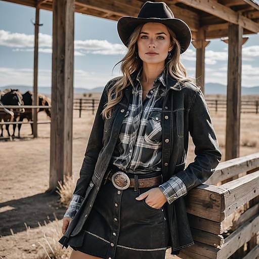 Modern Western Woman Wearing Black Leather Skirt and Hat on Ranch