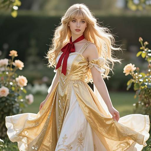 Elegant Blonde Woman in Vintage Golden Dress in Garden