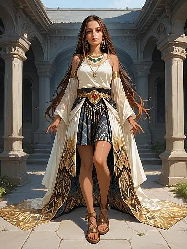 Realistic Full-Body Portrait of Woman in Bohemian Sleeveless Outfit with Gold Accents